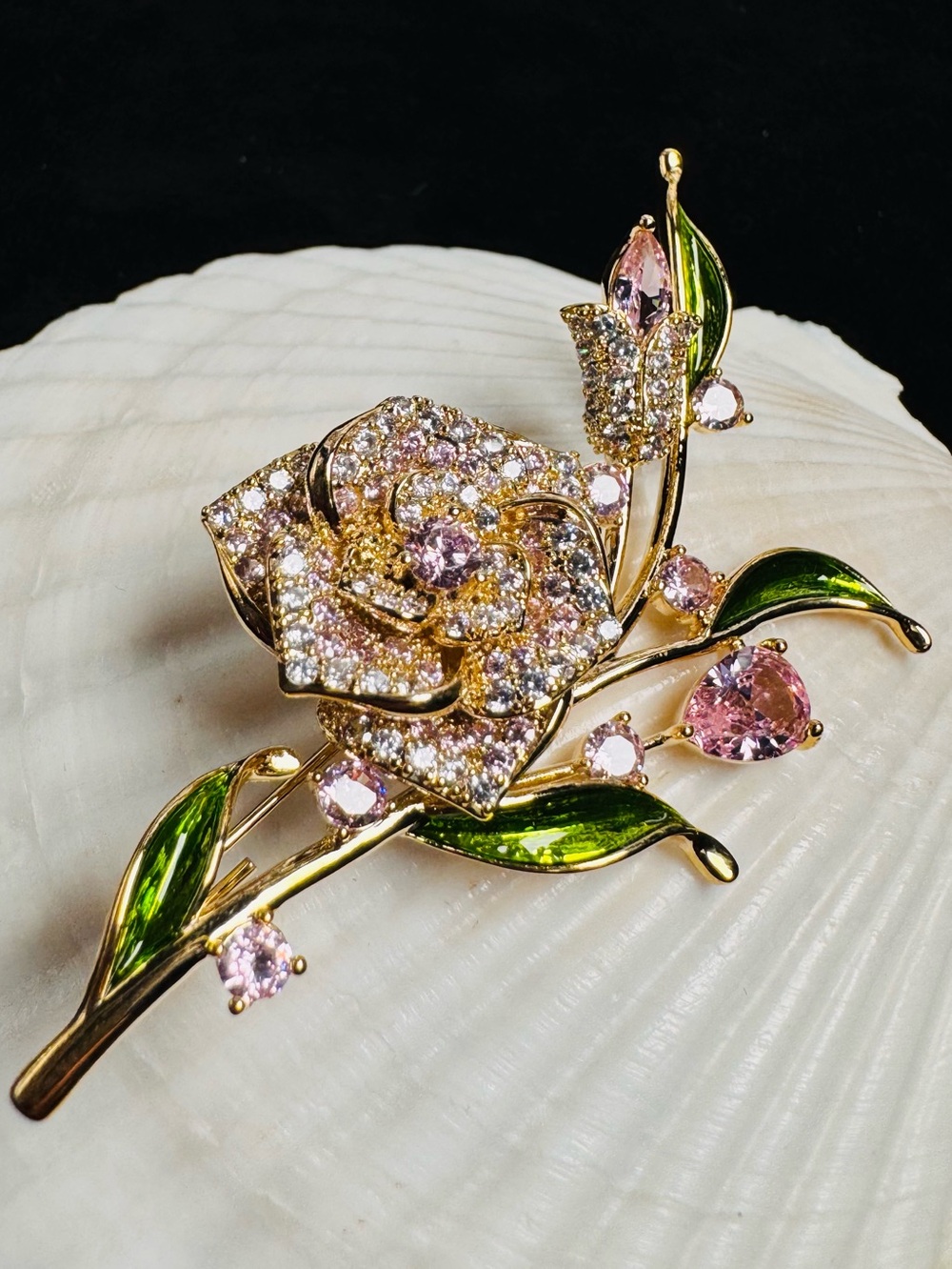 Pavé CZ Rose Floral Statement Brooch Gold Plated